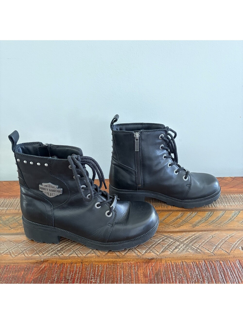 Harley-Davidson Women’s 9.5 Leather Ankle Boots Black Lace Up Biker Moto Studded
